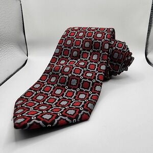 COUNTESS MARA Men's 100% Silk Necktie Designer Geometric Red/Silver/Black VGUC